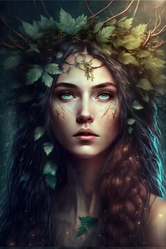Beautiful feiry of the forest with nature elements in hair, portrait, fantasy image portrait, Generative Ai, Generative, Ai, Not a real person
