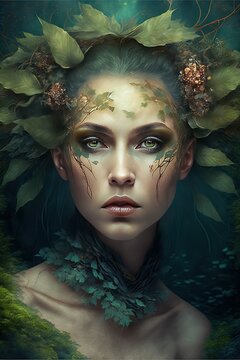 Beautiful feiry of the forest with nature elements in hair, portrait, fantasy image portrait, Generative Ai, Generative, Ai, Not a real person