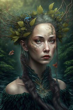 Beautiful feiry of the forest with nature elements in hair, portrait, fantasy image portrait, Generative Ai, Generative, Ai., Not a real person