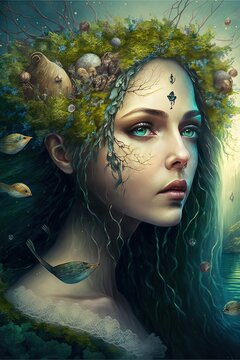 Beautiful feiry of the forest with nature elements in hair, portrait, fantasy image portrait, Generative Ai, Generative, Ai, Not a real person