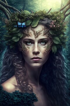 Beautiful feiry of the forest with nature elements in hair, portrait, fantasy image portrait, Generative Ai, Generative, Ai, Not a real person