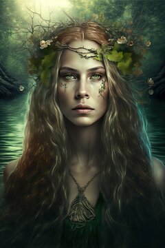 Beautiful feiry of the forest with nature elements in hair, portrait, fantasy image portrait, Generative Ai, Generative, Ai., Not a real person