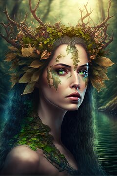 Beautiful feiry of the forest with nature elements in hair, portrait, fantasy image portrait, Generative Ai, Generative, Ai., Not a real person