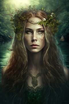 Beautiful feiry of the forest with nature elements in hair, portrait, fantasy image portrait, Generative Ai, Generative, Ai., Not a real person
