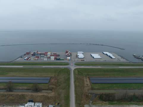 Lelystad, 3th of December 2022, The Netherlands. CTU Flevokust. Inland storage and transhipment terminal towards the port of Rotterdam and Antwerp. Small docking platform.