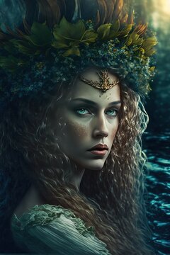 Beautiful feiry of the forest with nature elements in hair, portrait, fantasy image portrait, Generative Ai, Generative, Ai, Not a real person