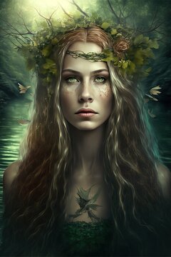 Beautiful feiry of the forest with nature elements in hair, portrait, fantasy image portrait, Generative Ai, Generative, Ai., Not a real person