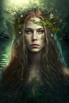 Beautiful feiry of the forest with nature elements in hair, portrait, fantasy image portrait, Generative Ai, Generative, Ai., Not a real person