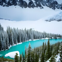 Fototapeta na wymiar Snow forest and Alpine ice lake
