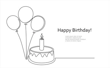 Continuous line drawing of birthday cake and balloons. Cake with sweet cream and a candle. Birthday celebration concept isolated on white background. Hand drawn design vector illustration
