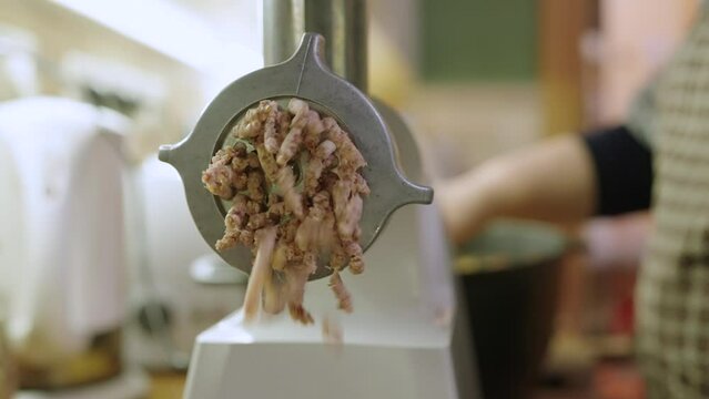 Woman making minced meat for patte with an electric meat grinder in the kitchen