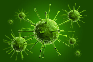 Coronavirus green 3D volumetric model on a green background. 3D rendering.