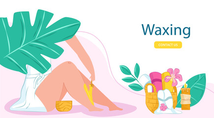 Obraz na płótnie Canvas Spa massage, waxing at beauty salon web page vector illustration. Body health care by cartoon skin therapy with wax, stones landing banner.