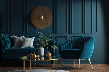 ai generated, Modern cozy living room and dark blue wall texture background interior design
