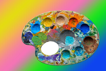 Obraz na płótnie Canvas top view of palette with colorful paints isolated on grey