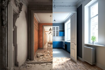 ai generated renovation concept , apartment before and after restoration or refurbishment - obrazy, fototapety, plakaty