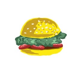 Fast food burger with lettuce, tomato and meat. Hand drawn watercolor brush  painted style vector illustration isolated on white background.