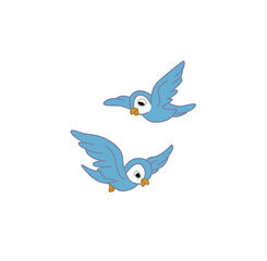 Cute little birds characters light blue and white flying. Cartoon style vector illustration isolated on white background.