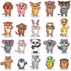 Zoo collection. Set of cute animals cartoon character design. flat vector illustration. Wild,farm,pet animal colection. Cute character design. Happy.Smile face.Isolated. Vector.Illustration.