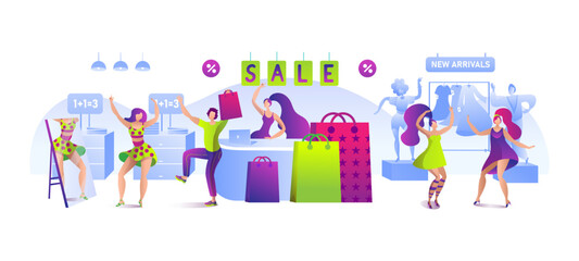 Sale in shop, happy girl woman buy cartoon clothes, vector illustration. Female customer character at fashion store, discount at retail goods.