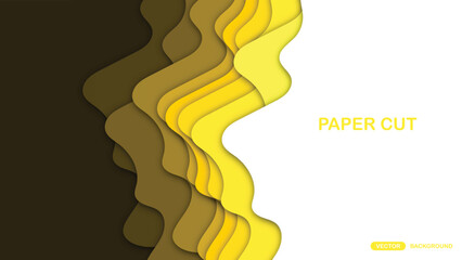 Paper cut background with wavy layers in yellow. Abstract design for brochure, flyer, magazine, business card, branding, banner, header, book cover, notebook vector background