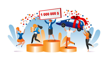 Money gift for flat people character, vector illustration. Man woman character win finance prize, cartoon reward and car. Get flat present from lottery