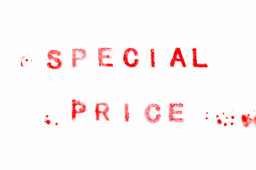 Red color ink rubber stamp in word special price on white paper background