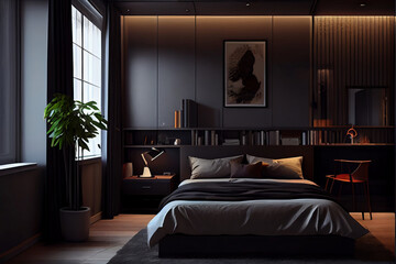 Generative AI illustration of interior design of bedroom with black matte walls and bed with shelves and workplace - obrazy, fototapety, plakaty
