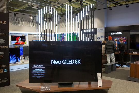 8K TVs in modern electronics store. Samsung Neo QLED 8K in a shop window. Minsk, Belarus, 2022