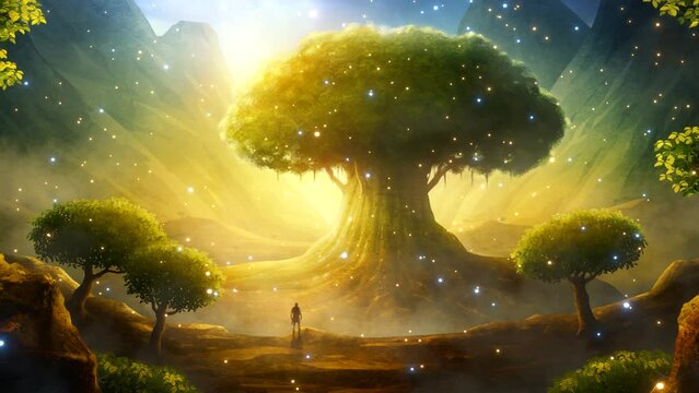 A giant ancient tree is seen in the distance by a tiny human figure in a fantasy landscape filled with lights floating in the ambient. Camera scrolling to the right. Digital painting and 3d rendering