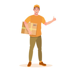 Mover, courier with a box showing thump up. Man carrying holding a load. Delivery person. Flat vector illustration.