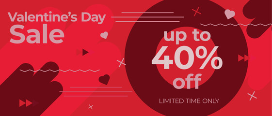 Valentine's day 40 percent off sale banner. Shop discount promotion banner. February 14 love and romance season. Limited time only. 