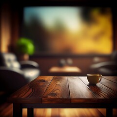Fototapeta na wymiar Wooden table on blurred tv room background. Generative AI