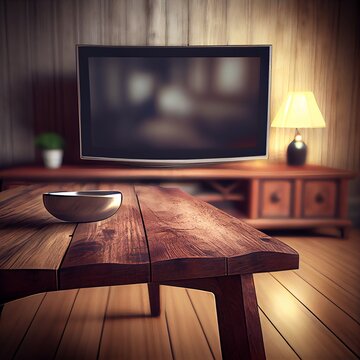 Wooden Table On Blurred Tv Room Background