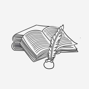 Ink drawinf, hand drawn vector illustration of and open book and a quill