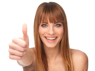 Young woman gesture success with thumb up isolated without background in PNG image