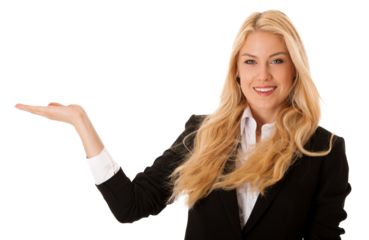 woman pointing to cpoy space - holding arm as presenting a product isolated without background in PNG