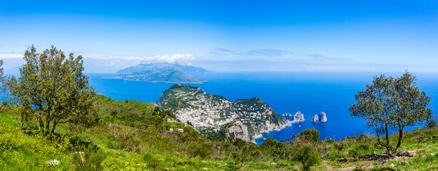 Landscape of Capri seaside village seen from Mount Solaro on Capri island on the italian riviera of the Mediteranean Sea