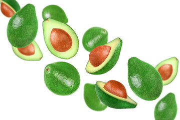 Levitation of avocados isolated on a transparent background.