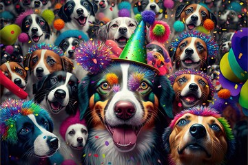 many dogs pets celebrating new year illustration generative ai