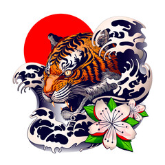 Tiger tattoo design with japanese decorative style. png transparent illustration 