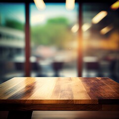 Wooden table on blurred business room background. Generative AI