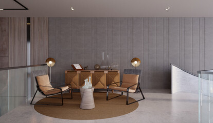 3d rendering,3d illustration, Interior Scene and  Mockup,sideboard and armchair,the sitting area.