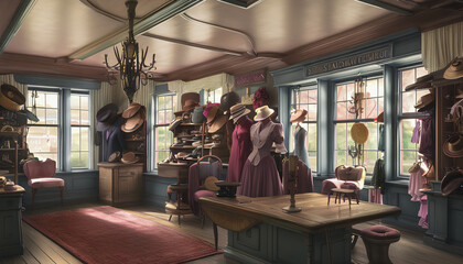 A painting of a hat shop. The image showcases the various styles and types of hats on display.