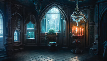 Fototapeta premium Painting of throne of the kings, royal throne in a medieval castle, with a dark and foreboding atmosphere permeating the scene.Generative AI