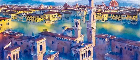 Naklejka premium A watercolor painting of a city street in the center of town, devoid of any human figures. The image captures the bustling energy and urban atmosphere of the city