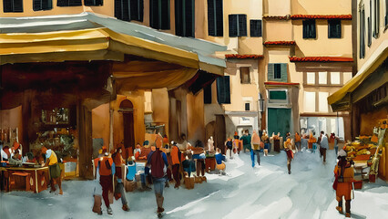 Obraz premium A watercolor painting of a city street in the center of town, devoid of any human figures. The image captures the bustling energy and urban atmosphere of the city