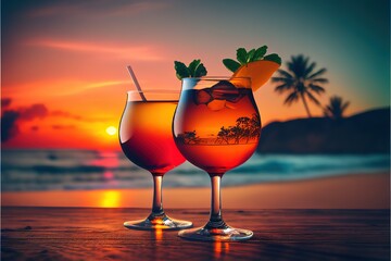 drinks with blur tropical beach and sunset in background. Generative AI