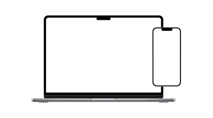 Modern laptop and smartphone mockup front view isolated on white. Notebook and phone device mockup for ui, ux, app, and website presentation.
