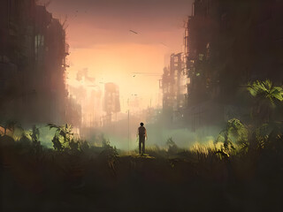 man standing in the overgrown ruins of the city, illustration painting, digital art style